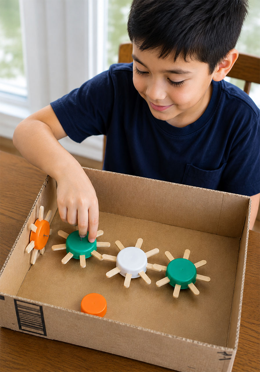 Child turning a homemade popsicle stick gear to test how the gear train works in this STEM activity