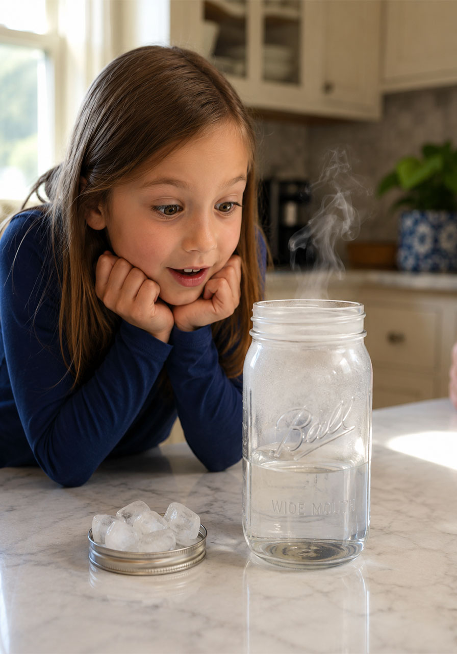 Curious child watching cloud form during weather science experiment
