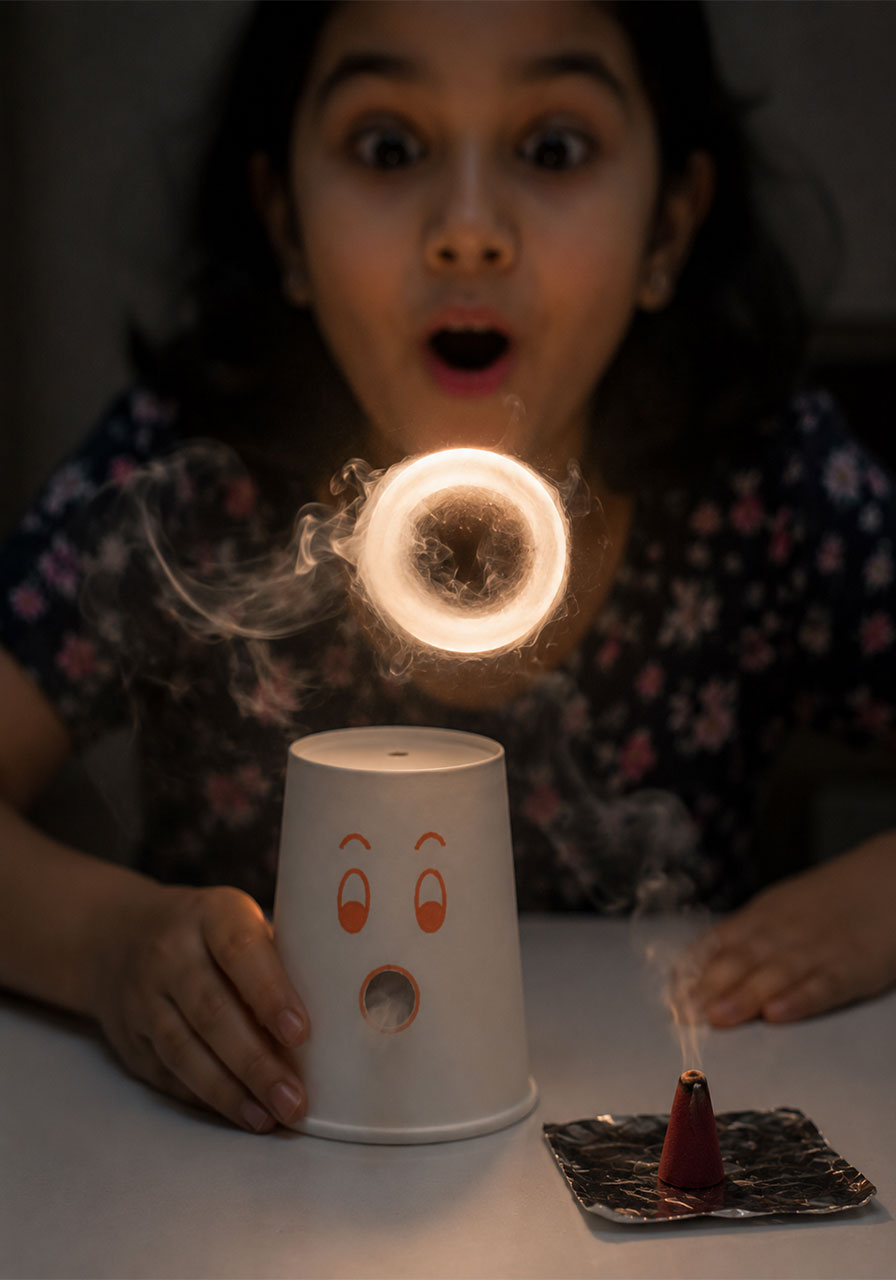 Child watching a glowing smoke ring float by during a STEM activity at home