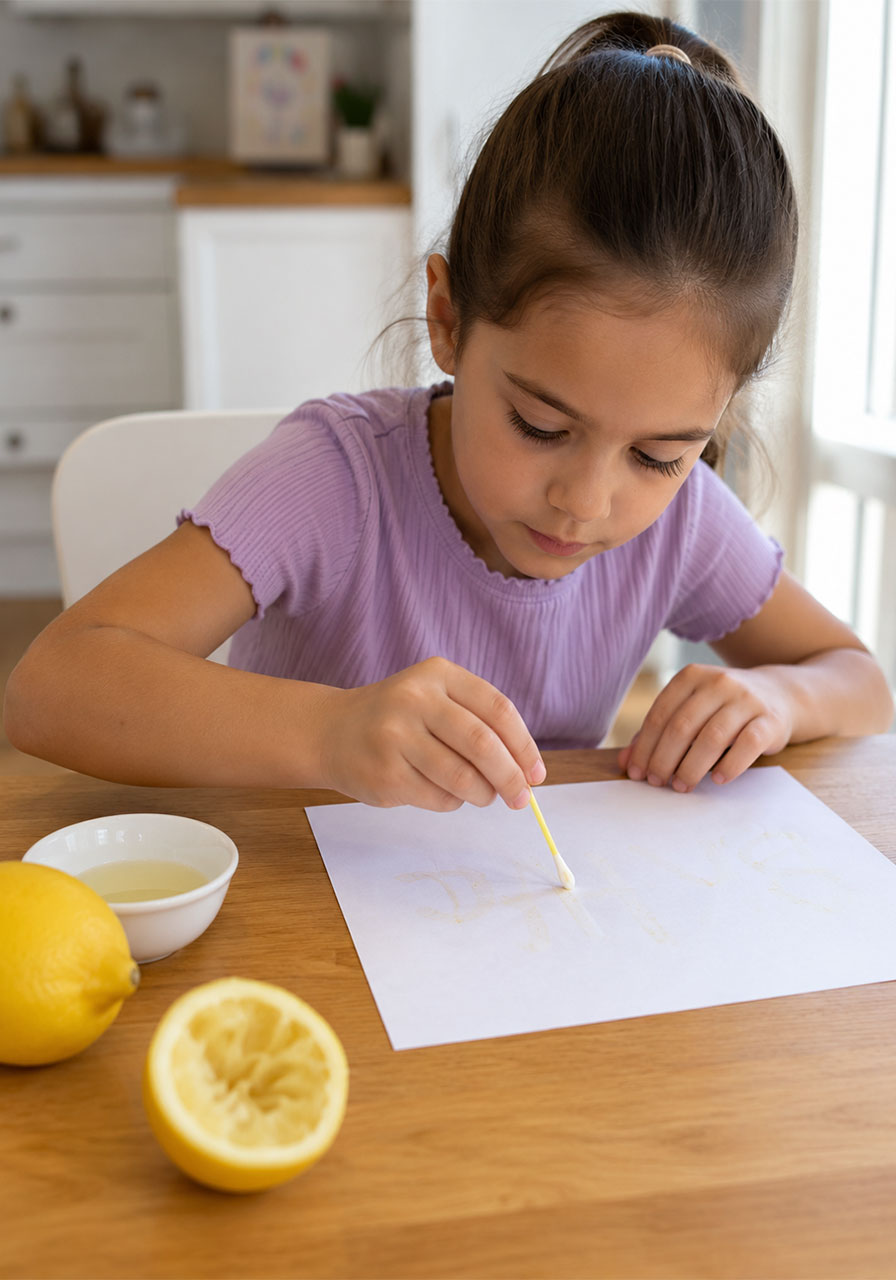 Child writing a secret message using lemon juice invisible ink on paper