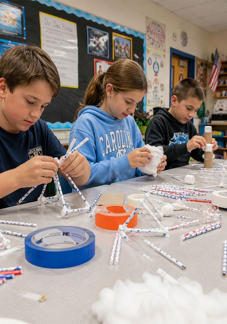 Elementary students building egg drop STEM contraptions at a classroom table