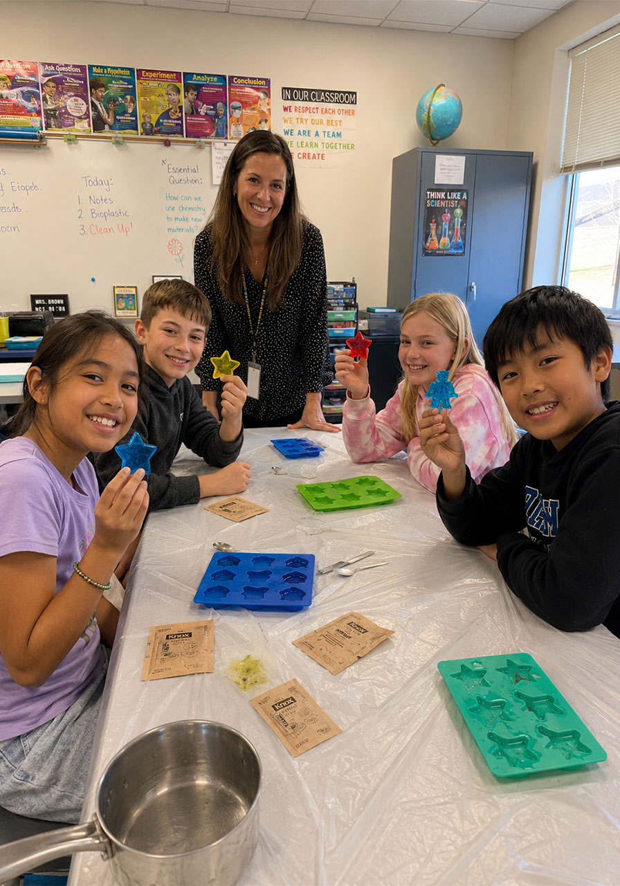 Children showing off finished homemade bioplastic shapes in classroom STEM activity