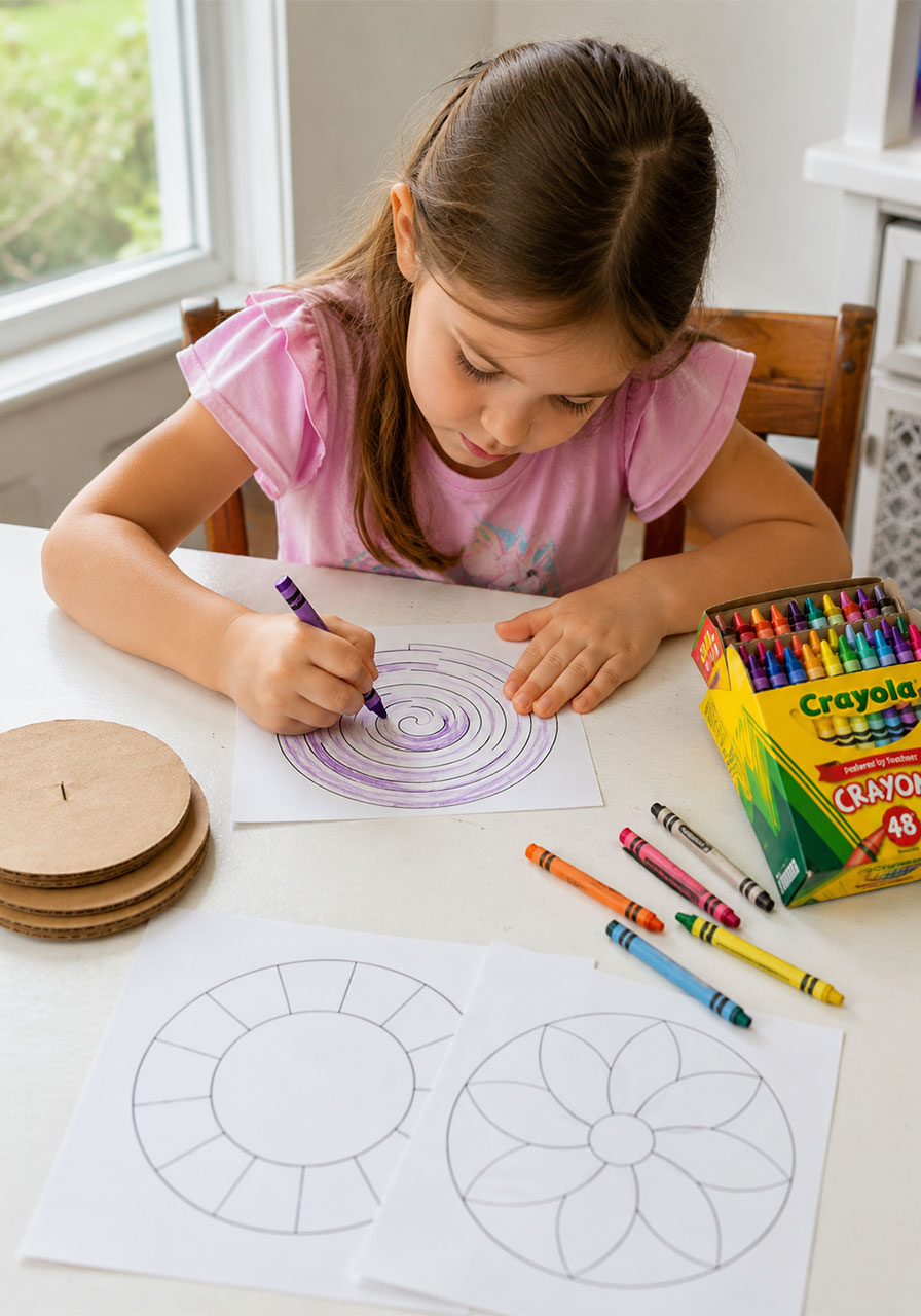 Child coloring printable penny spinner templates for a STEM craft activity