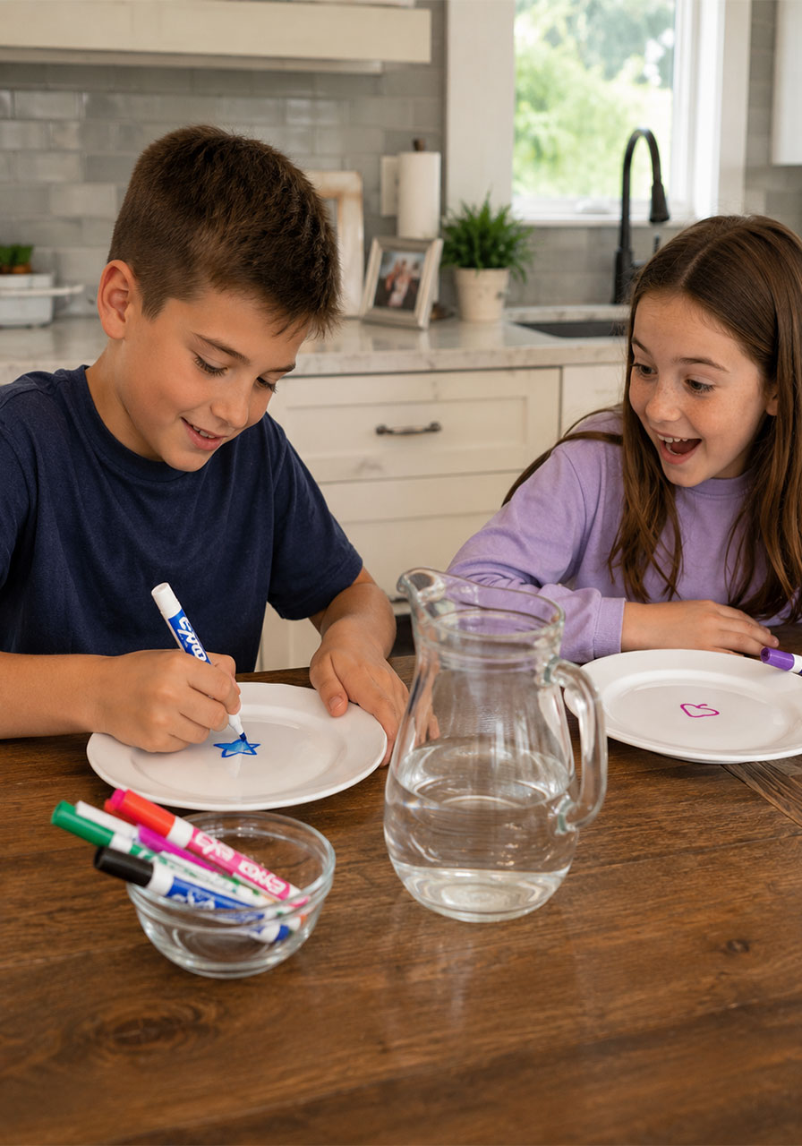 Two kids trying the dry erase floating ink experiment together at a table