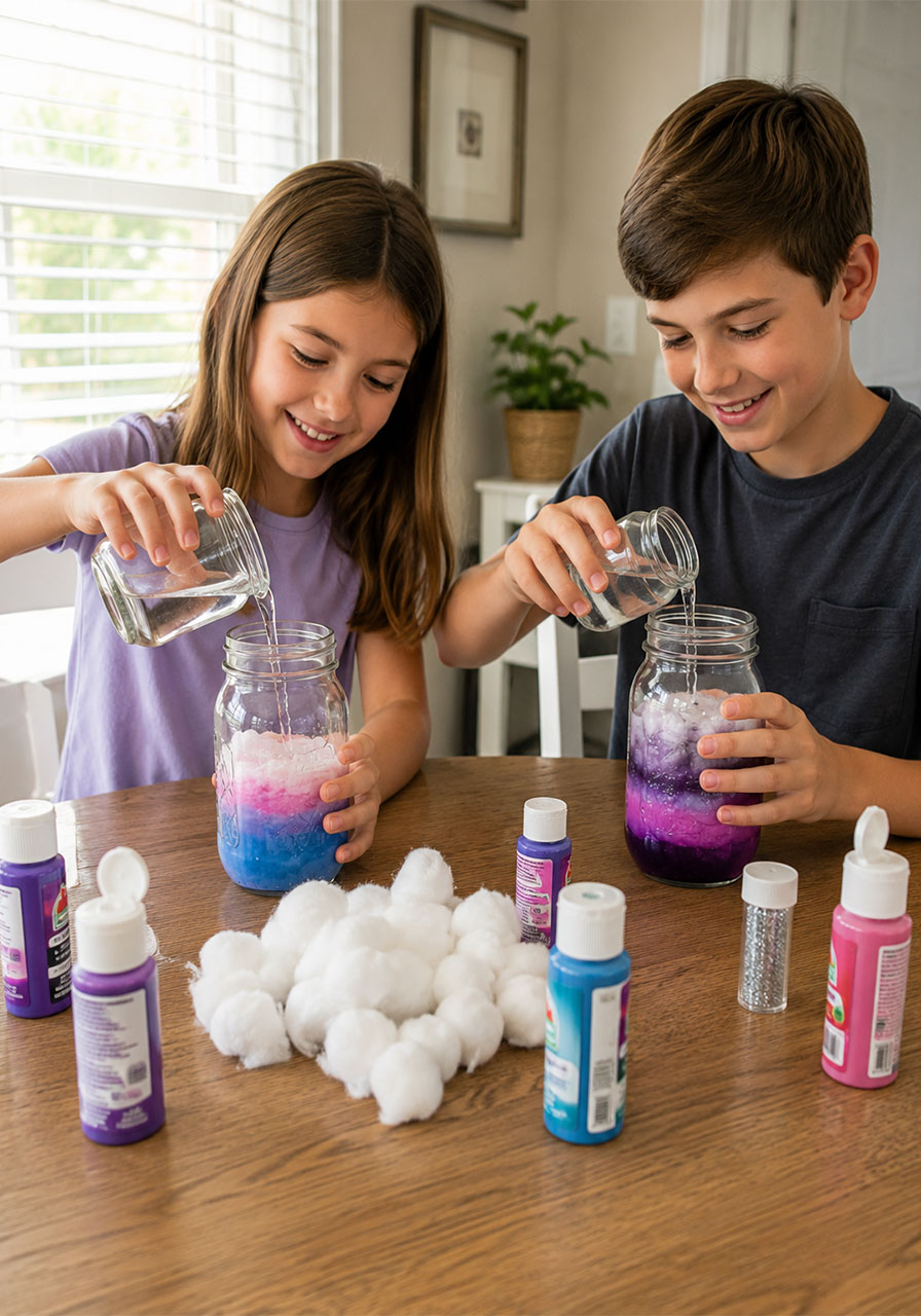 Kids making galaxy jars together as a hands-on STEM activity at home