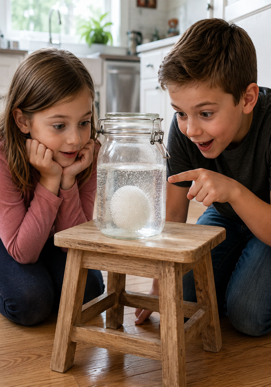 Kids observing the eggshell dissolving during the glow in the dark ghost eggs STEM experiment