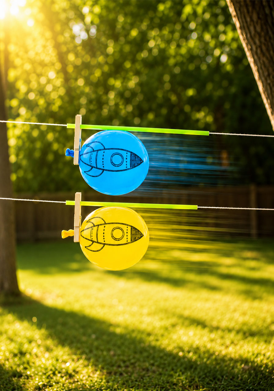 Two kids cheering as their balloon rockets race side by side outdoors