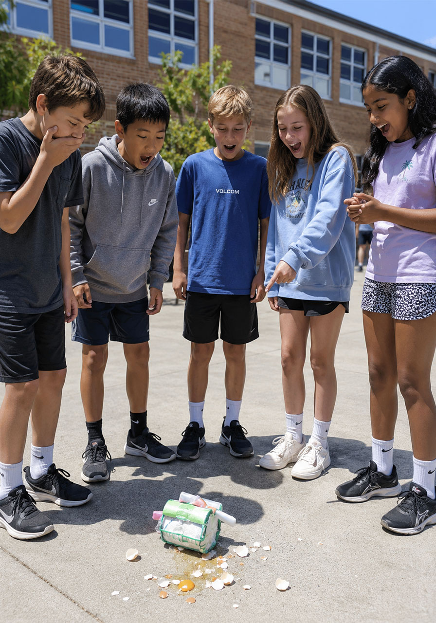 Students reacting to egg drop test results during a classroom STEM challenge
