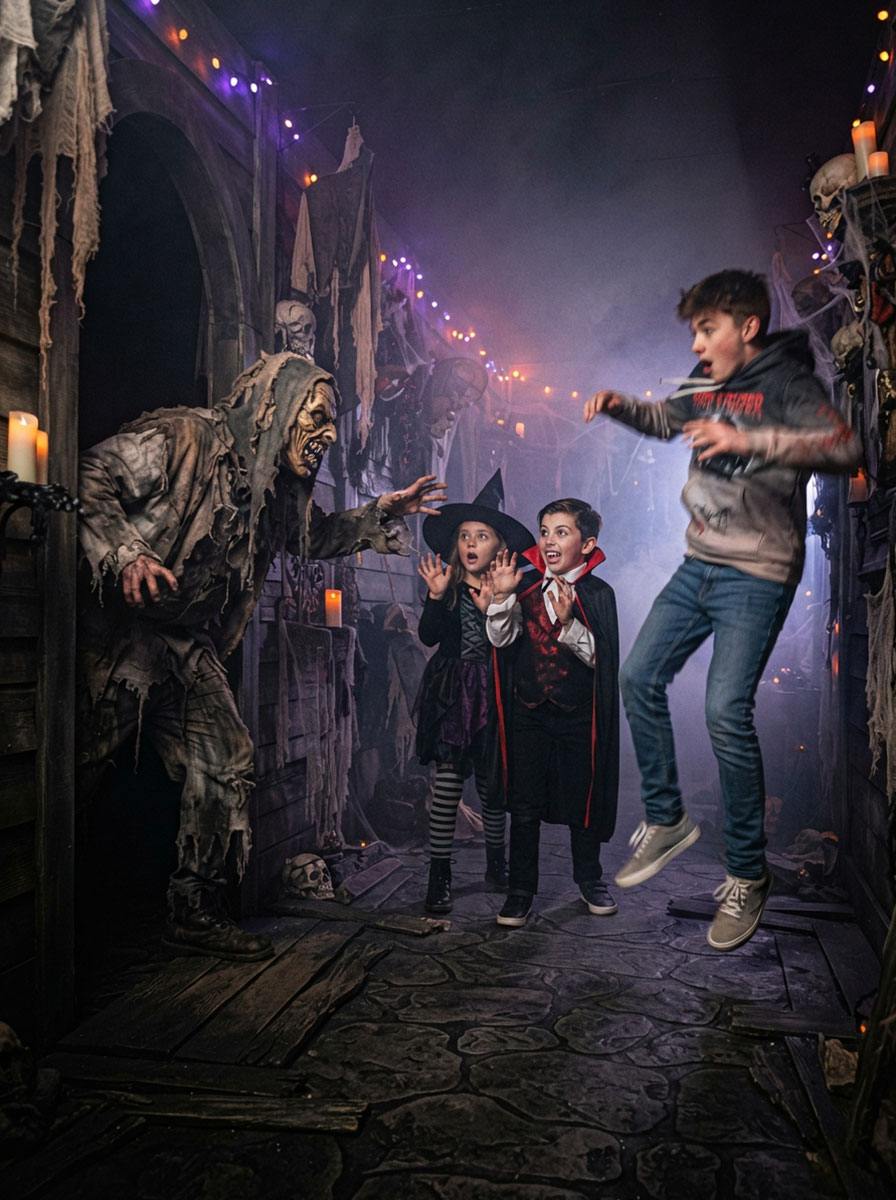 Kids' startled reaction walking through a family home Halloween haunted house display scene 2
