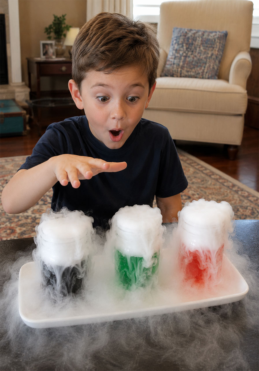 Excited child watching fog roll off Halloween potion jars during a STEM science activity