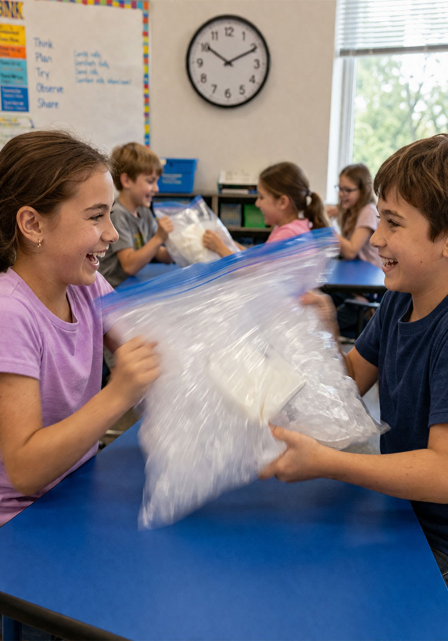 Kids shaking a bag to make ice cream during a hands-on science experiment