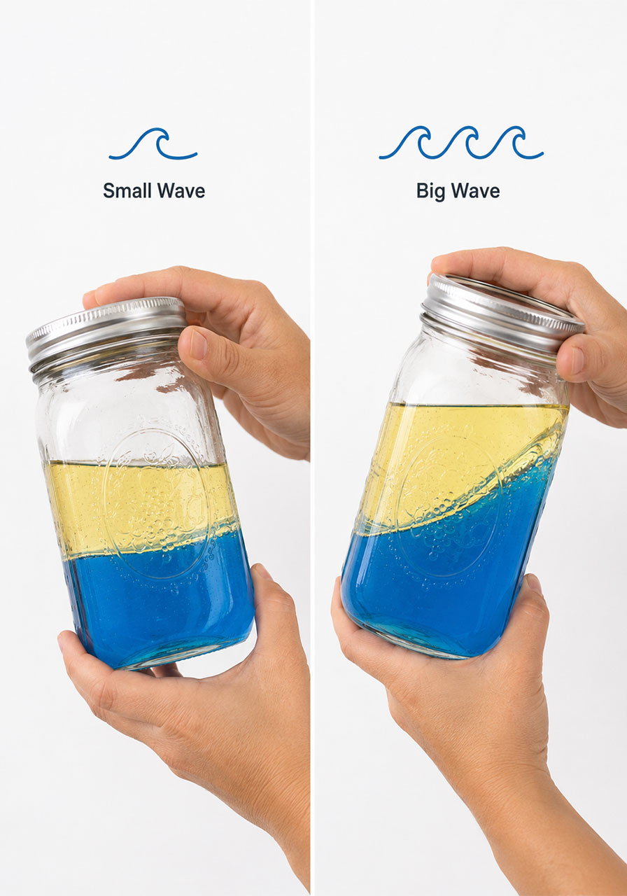 Comparison of small and large waves showing kinetic energy differences