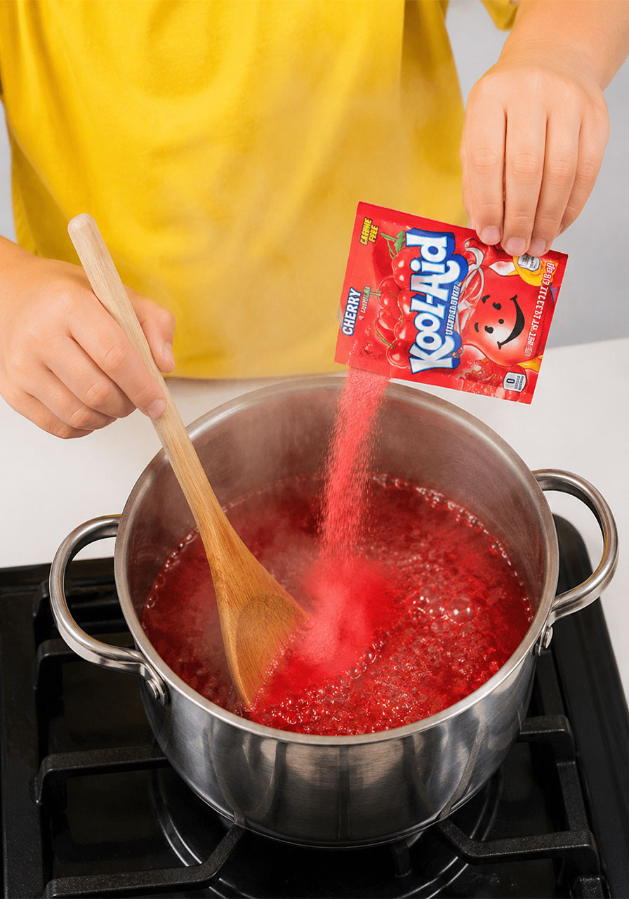 Pouring Kool-Aid powder into boiling sugar water for colorful rock candy