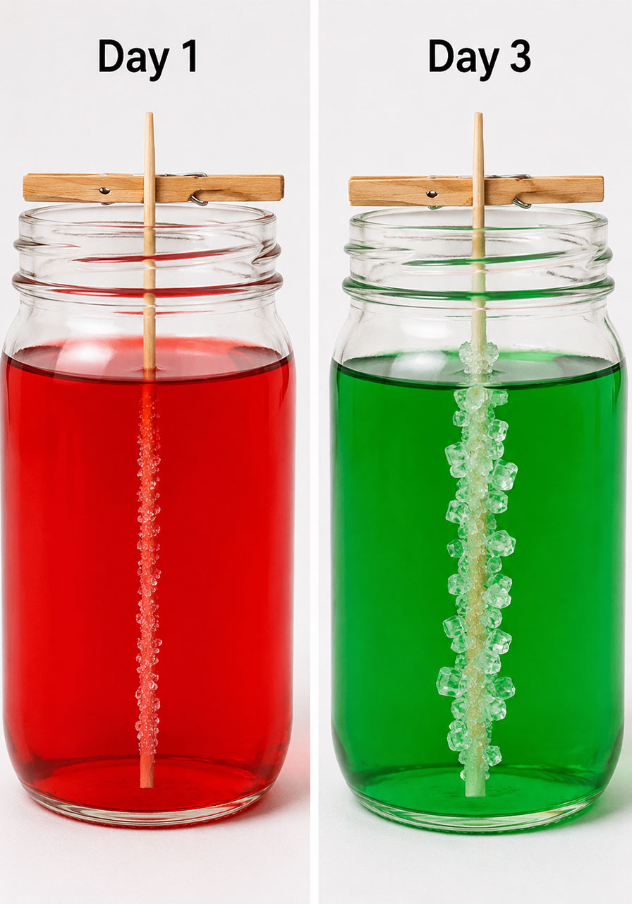 Rock candy crystal growth comparison from day 1 to day 3