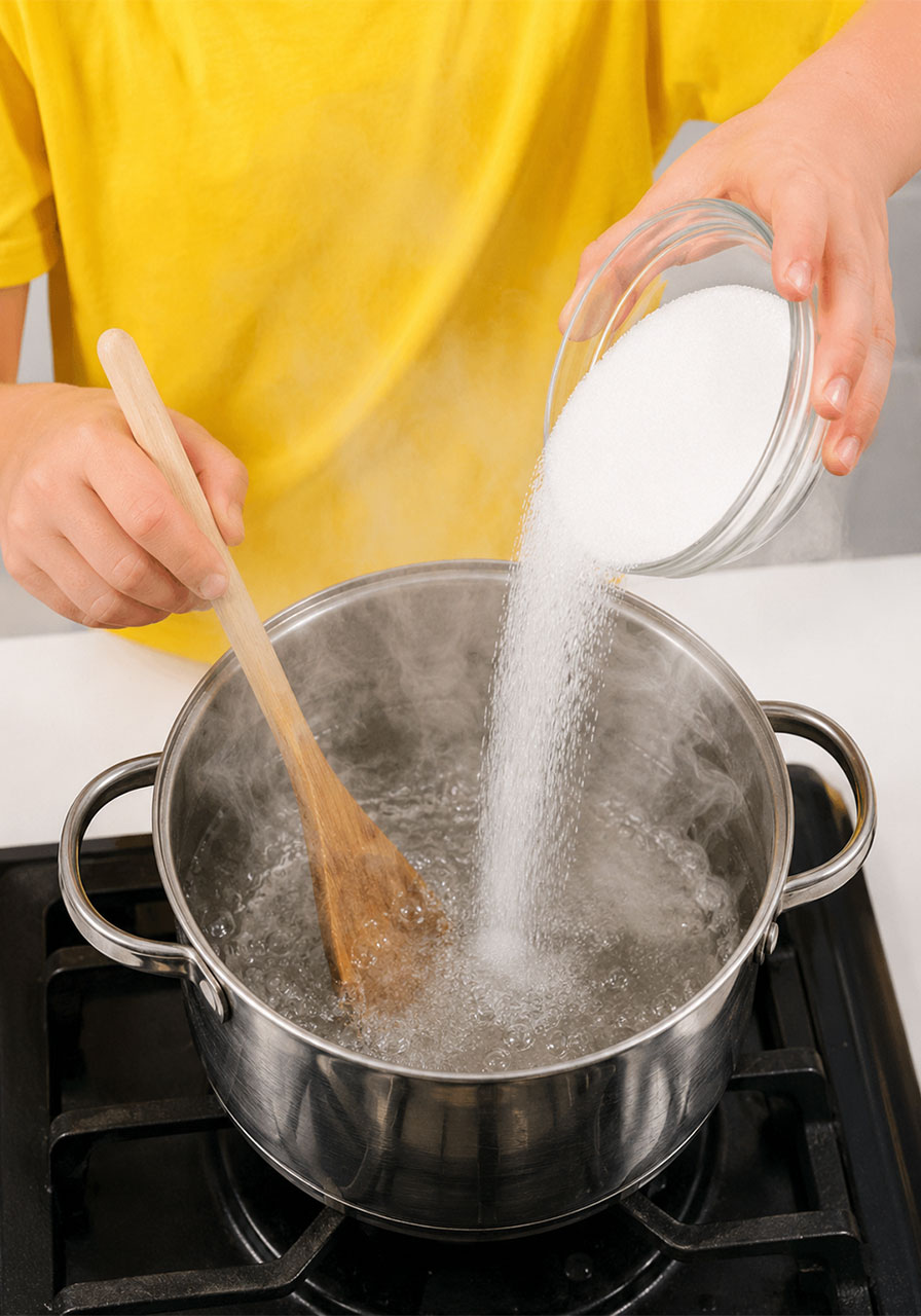 Child stirring sugar into boiling water to make rock candy sugar solution