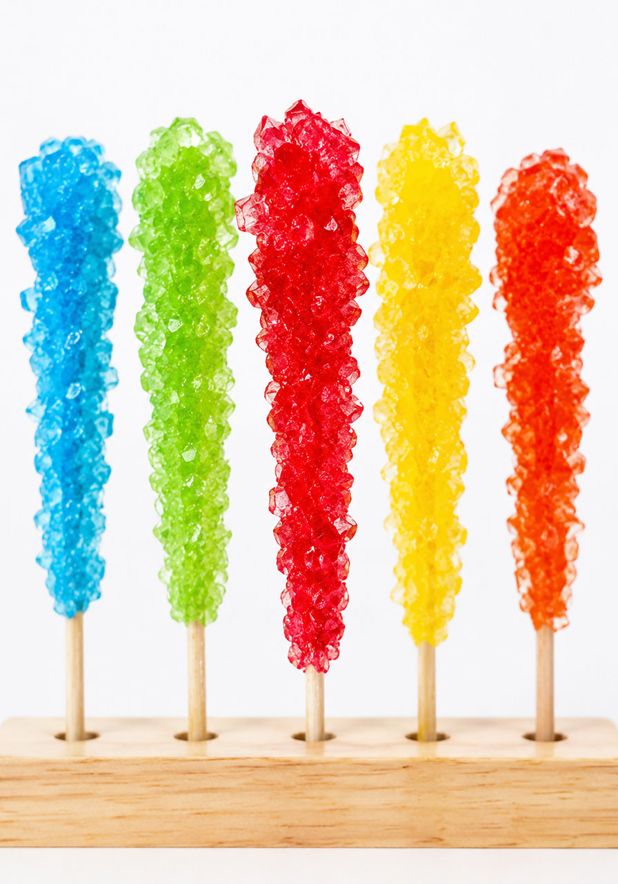 Finished Kool-Aid rock candy sticks in rainbow colors ready to eat