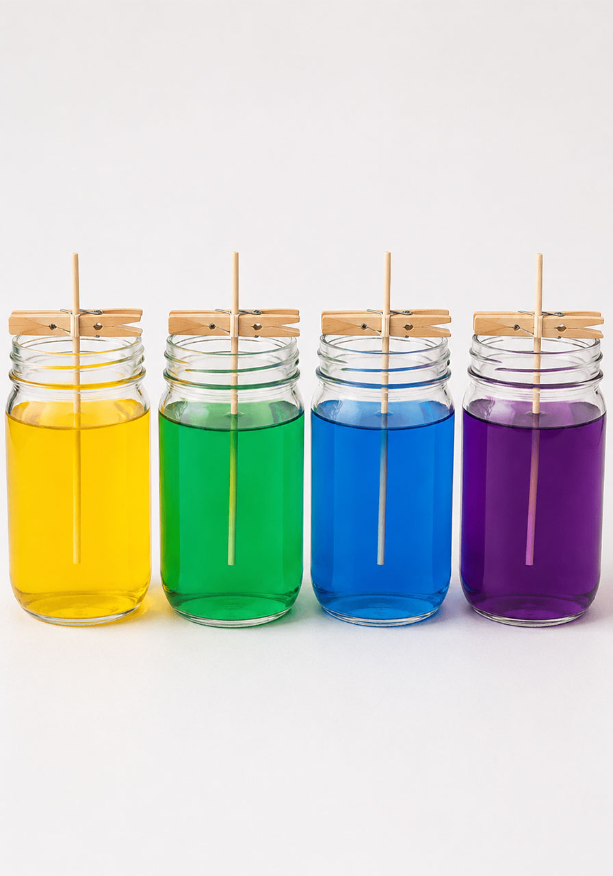 Four Kool-Aid rock candy jars set up with skewer sticks suspended in colored sugar solution