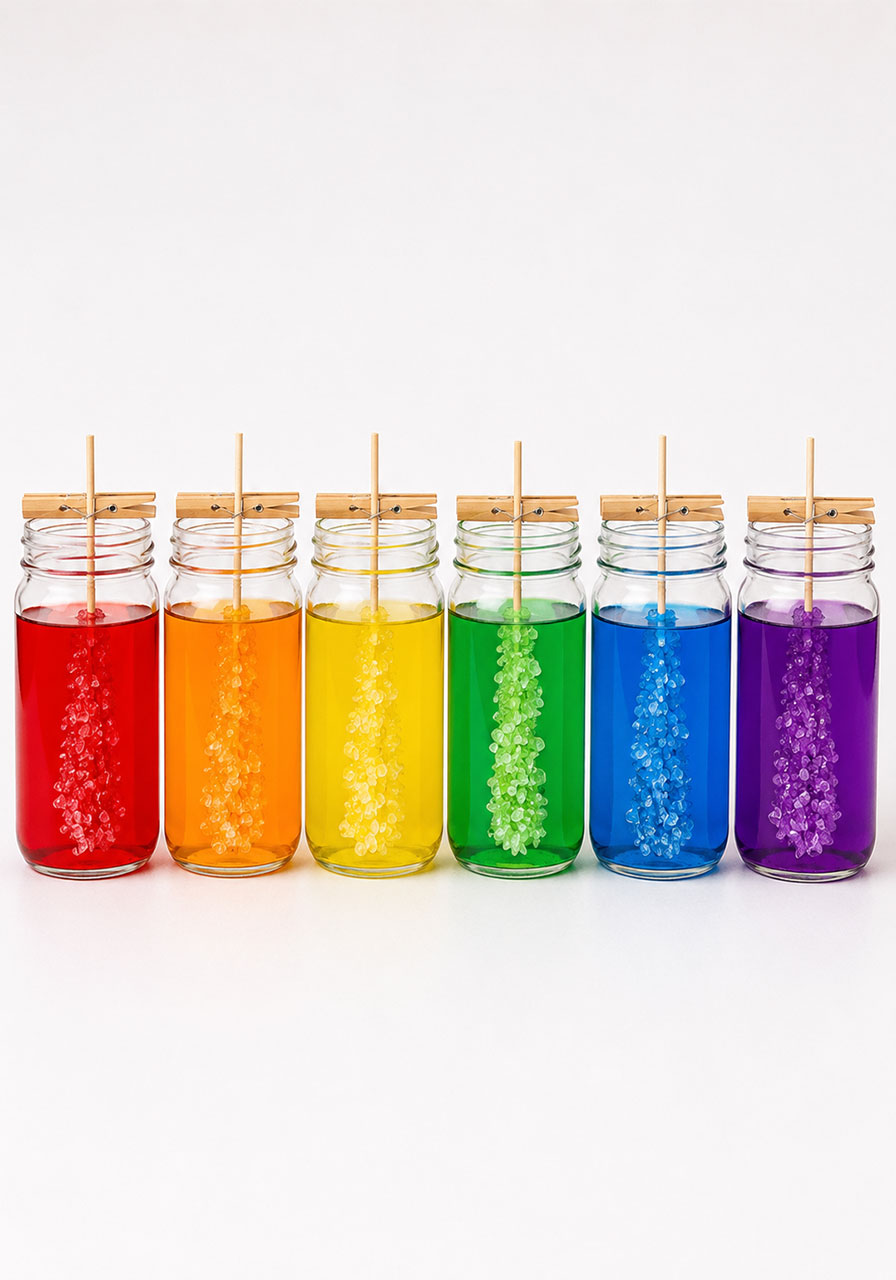 Rainbow of Kool-Aid rock candy jars with fully grown sugar crystals