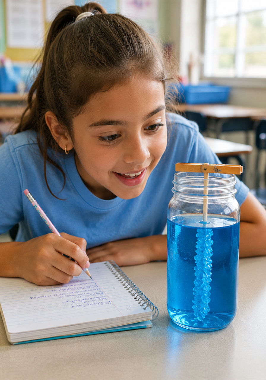 Student observing rock candy crystal growth as a STEM classroom activity