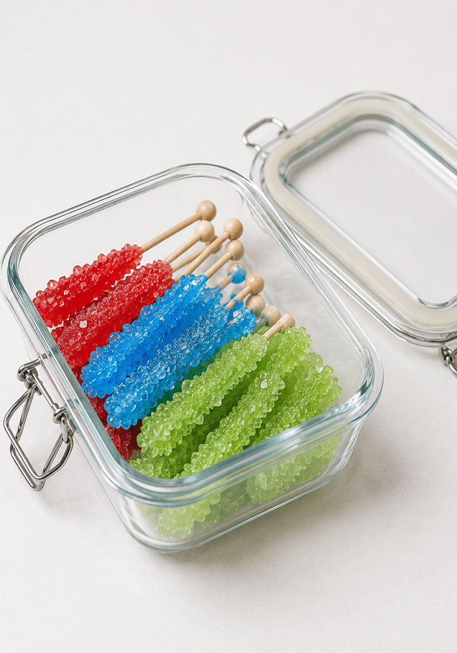 Finished rock candy stored in an airtight container