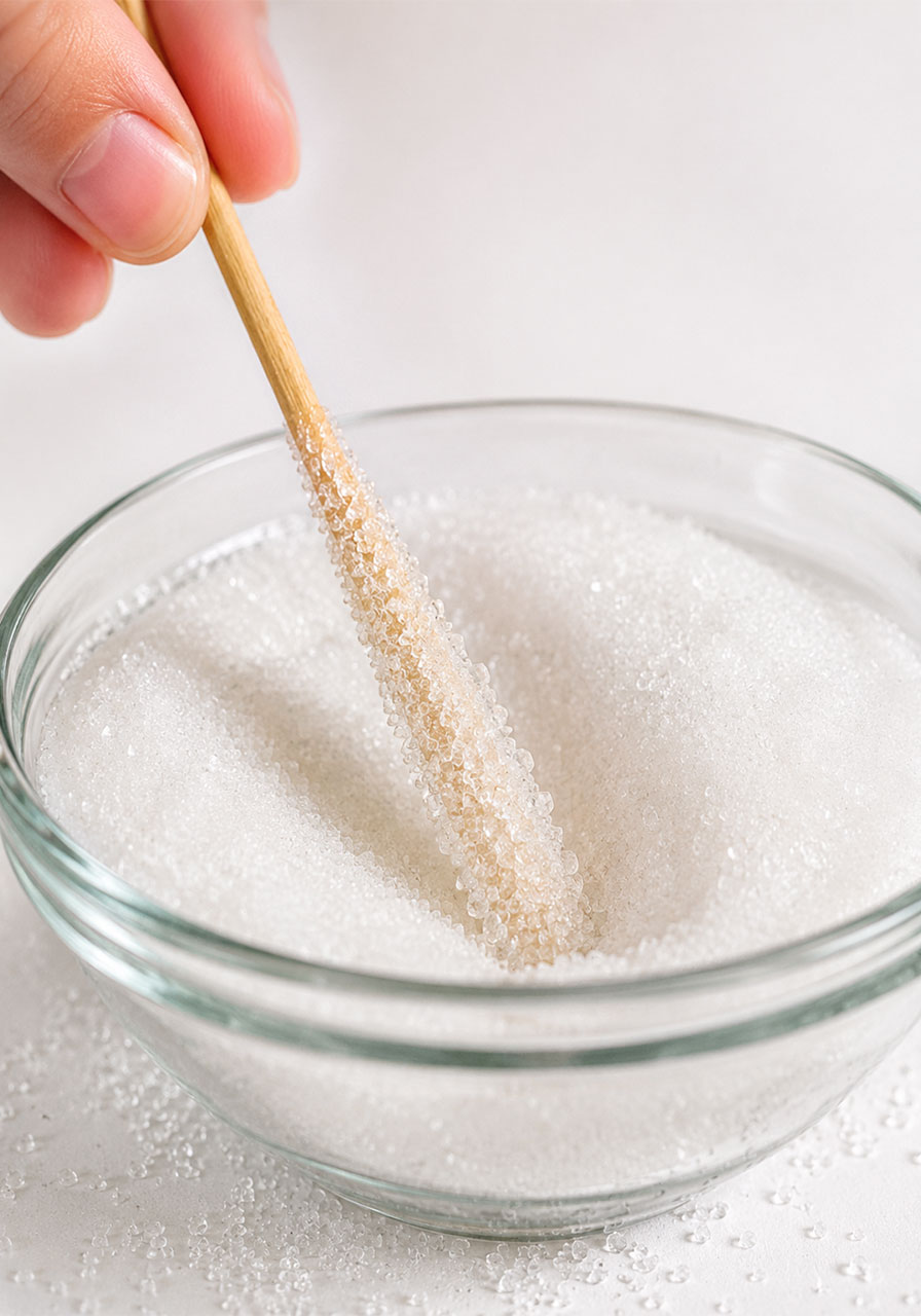 Sugar-coated wooden skewer stick prepared for rock candy crystal growth