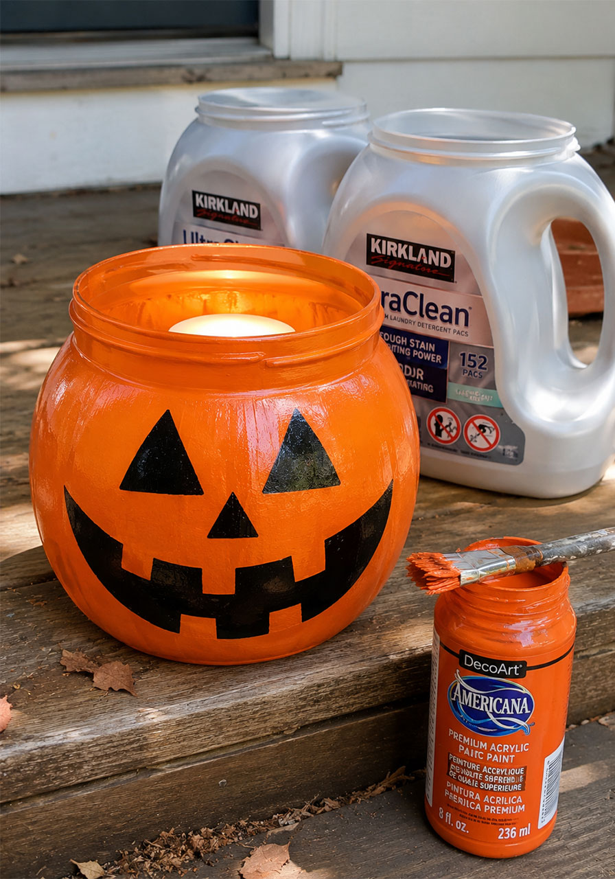 Laundry pod bucket painted into a glowing jack-o'-lantern luminary