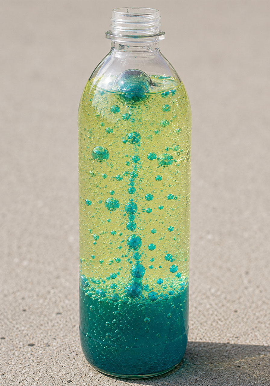 Alka-Seltzer reaction creating rising color bubbles in homemade lava lamp