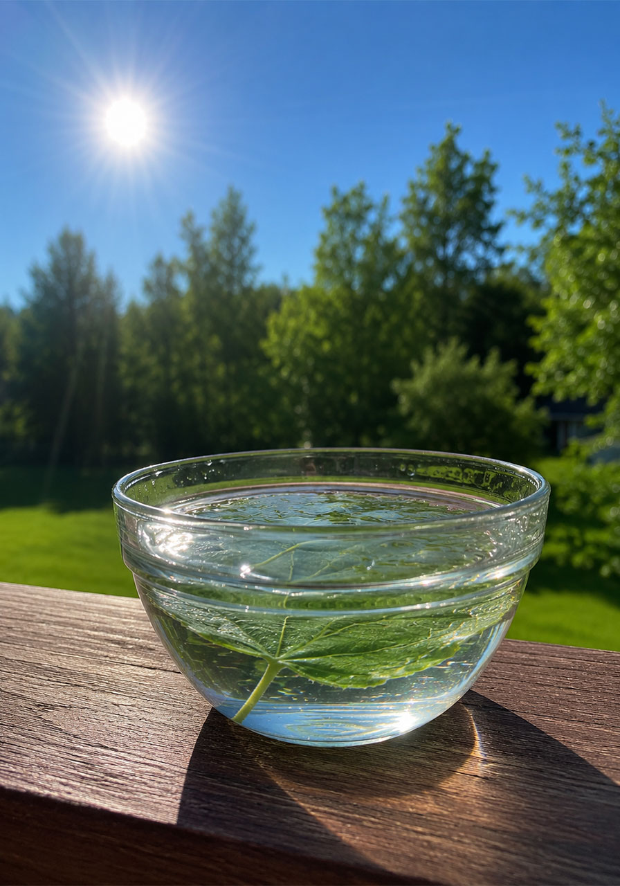 Leaf experiment bowl placed in direct sunlight for photosynthesis