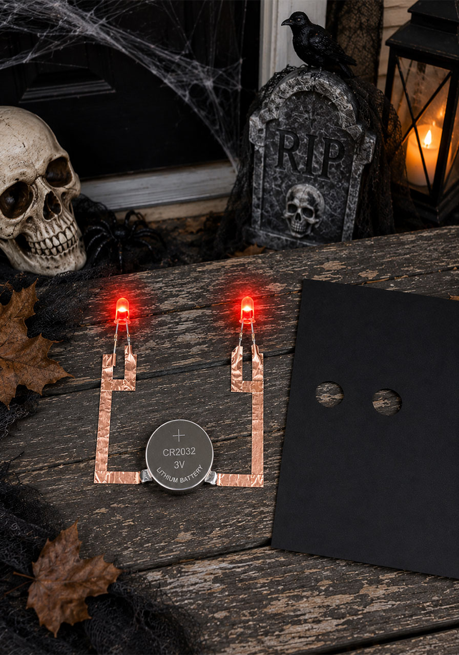 Simple LED circuit blinking eyes Halloween STEM project with coin battery and copper tape