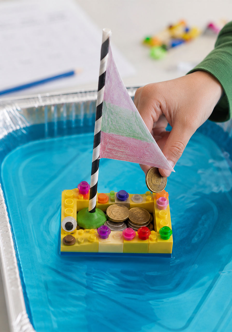 LEGO brick boat with sail holding stacked coins in floating science experiment