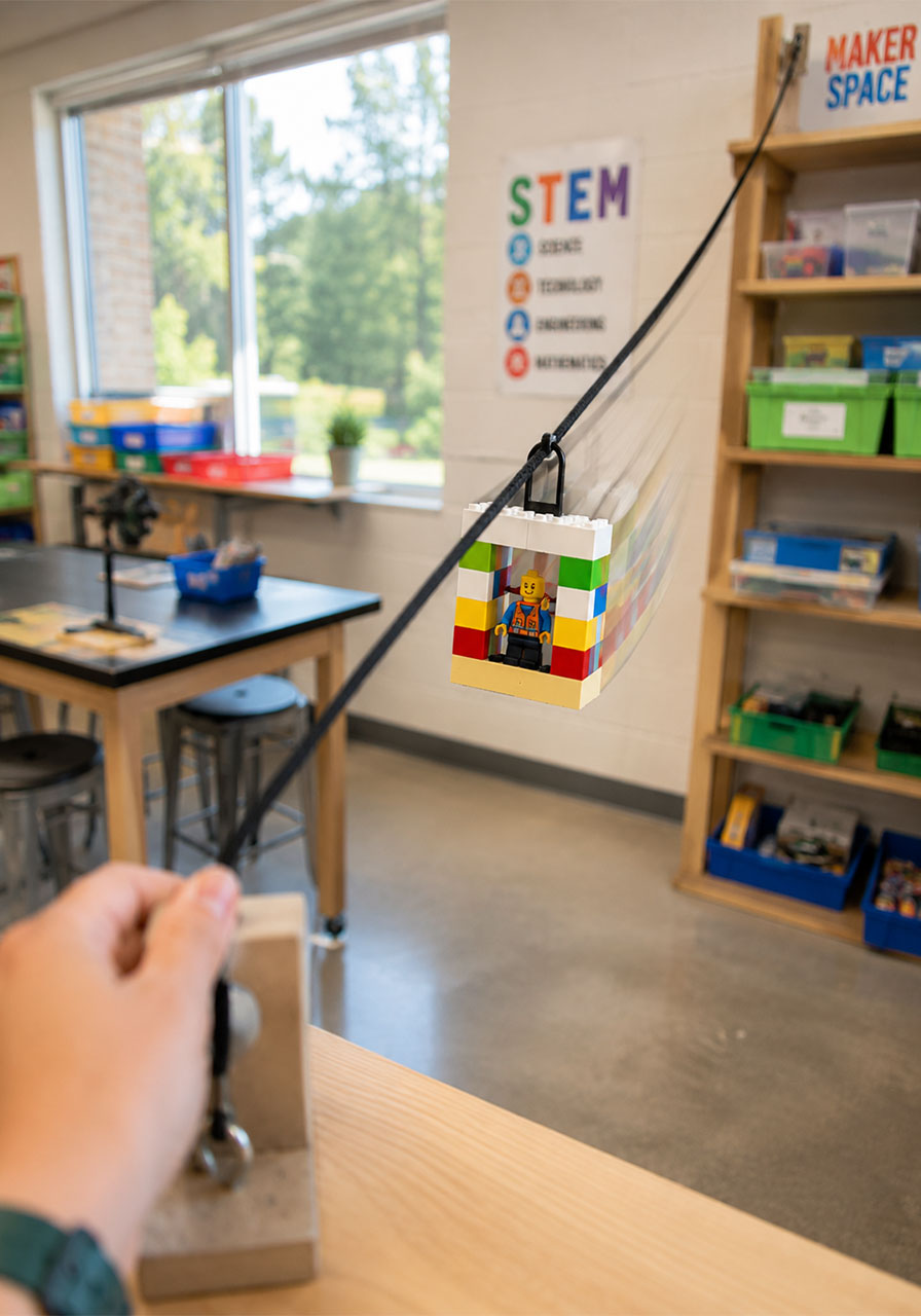 LEGO zip line cage sliding down the string in mid-action