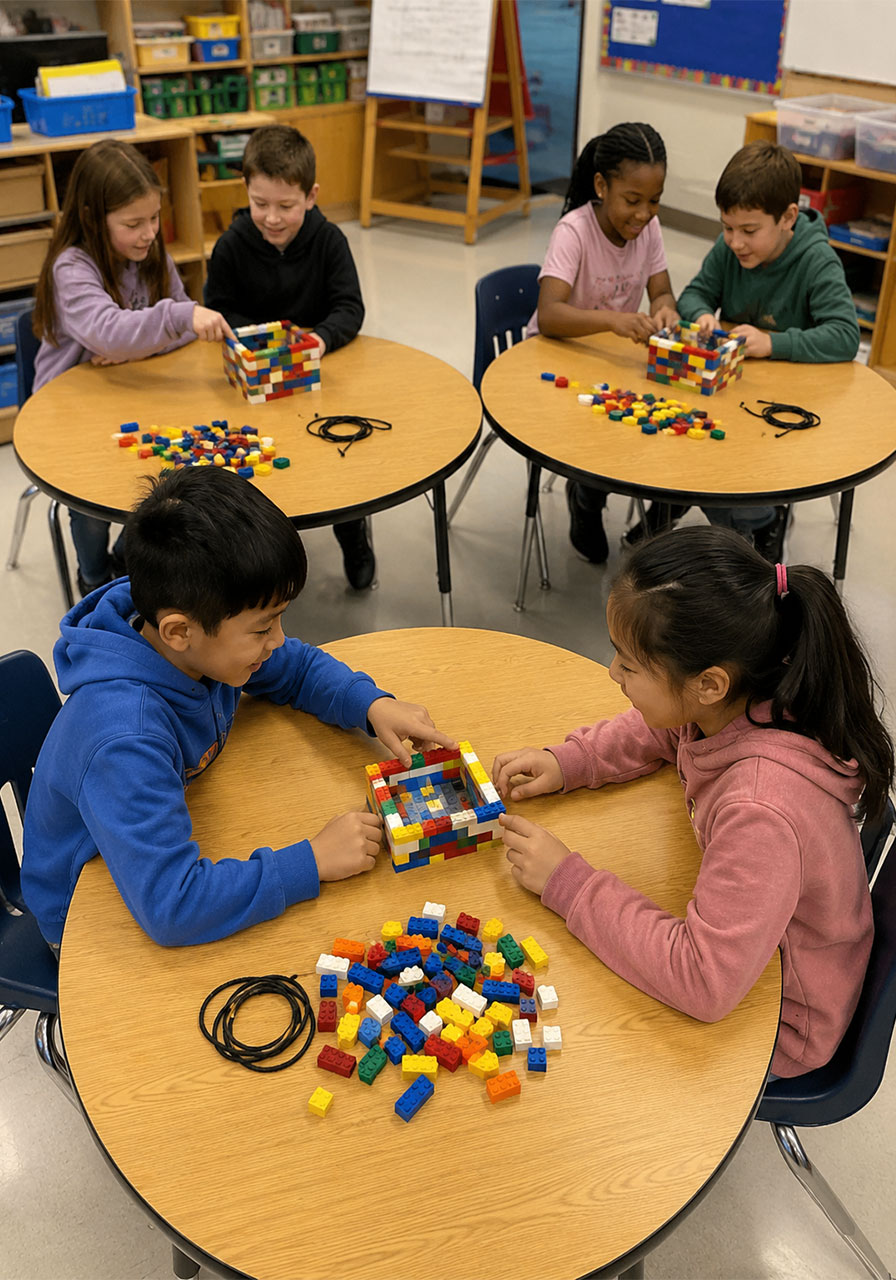 Students building LEGO zip lines together in a classroom STEM activity