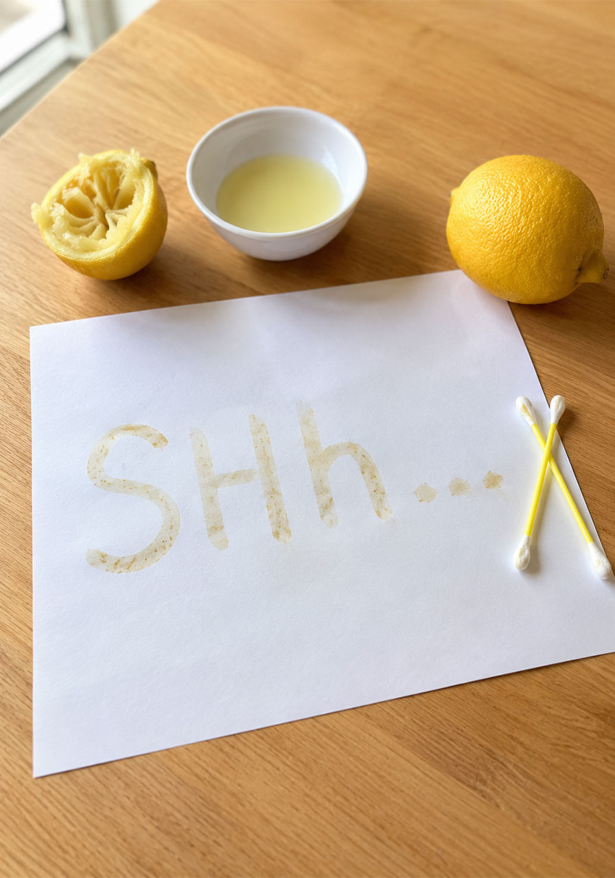 DIY lemon juice invisible ink message appearing on paper for kids STEM activity