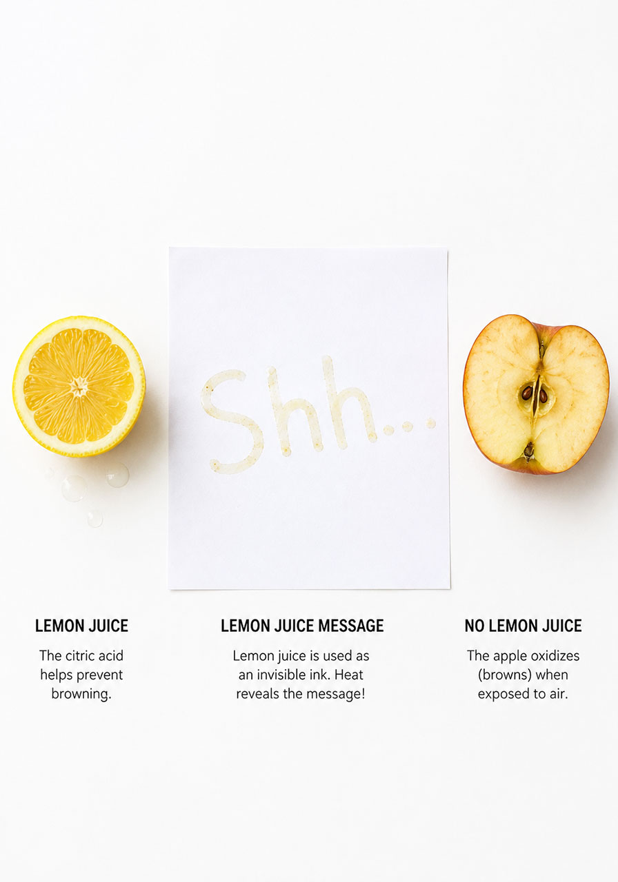 Science behind lemon juice invisible ink: oxidation compared to a browning apple