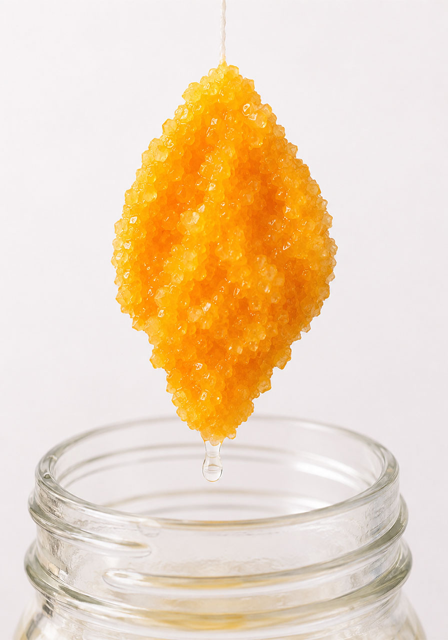 Lifting a finished orange borax crystal cluster out of the mason jar to dry