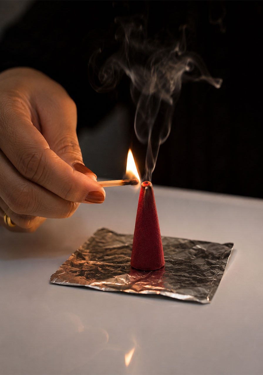 Lighting the incense cone used to create smoke for the ring experiment