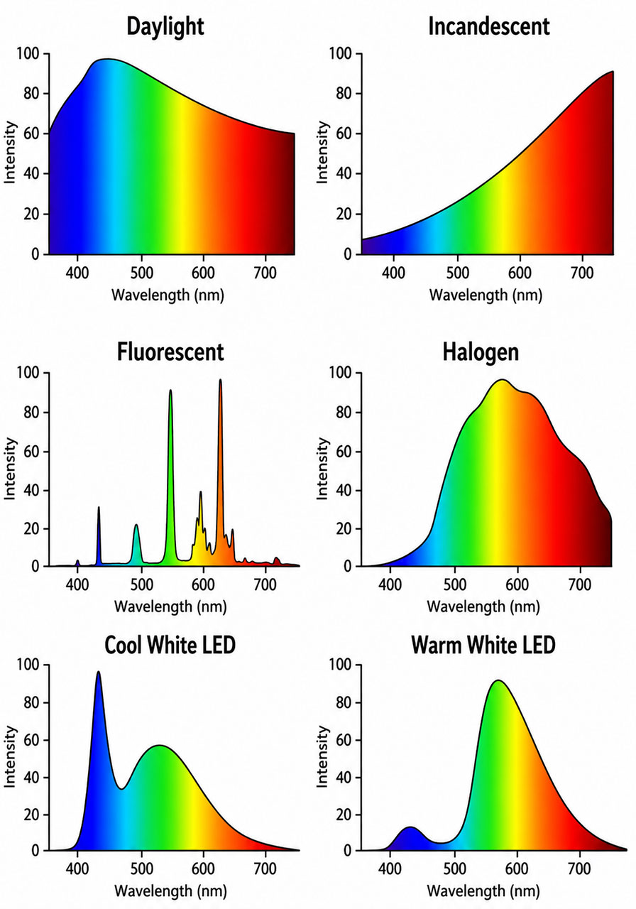 Comparison chart of light spectrums for daylight, LED, and fluorescent bulbs