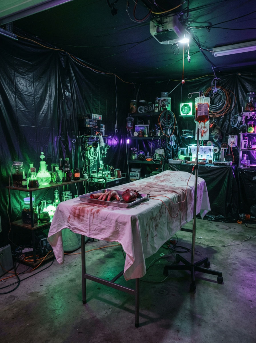 Mad scientist lab Halloween garage theme with UV lighting and fake specimen props