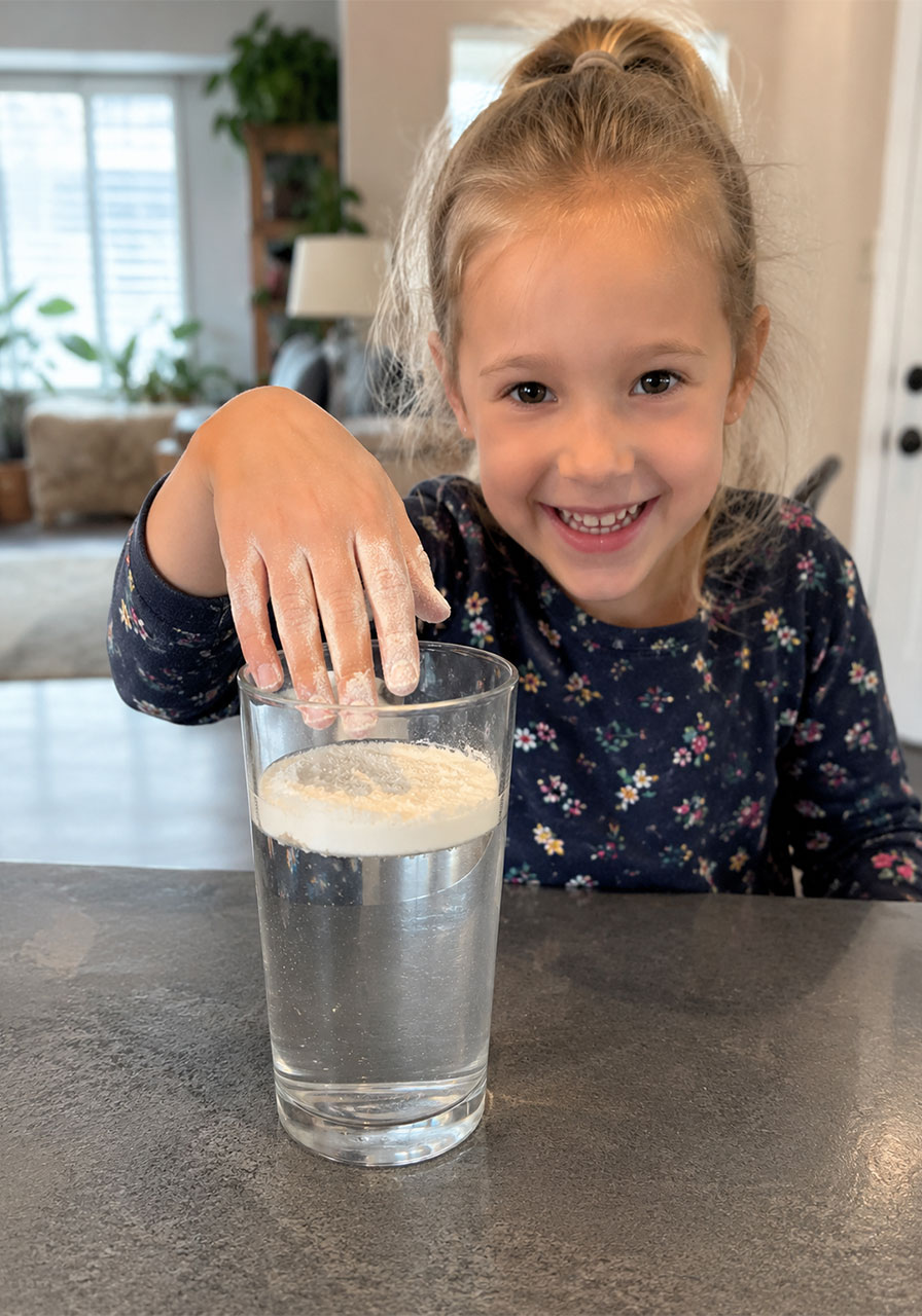 Little girl reveals a completely dry hand after dipping it through the Magic Powder Shield experiment