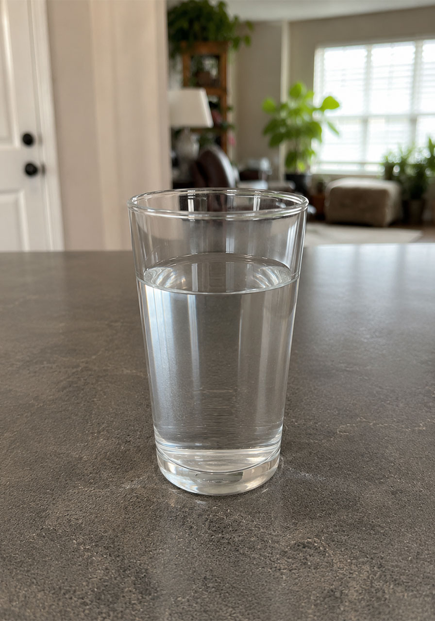 Step one of the Magic Powder Shield experiment: filling a clear glass with water