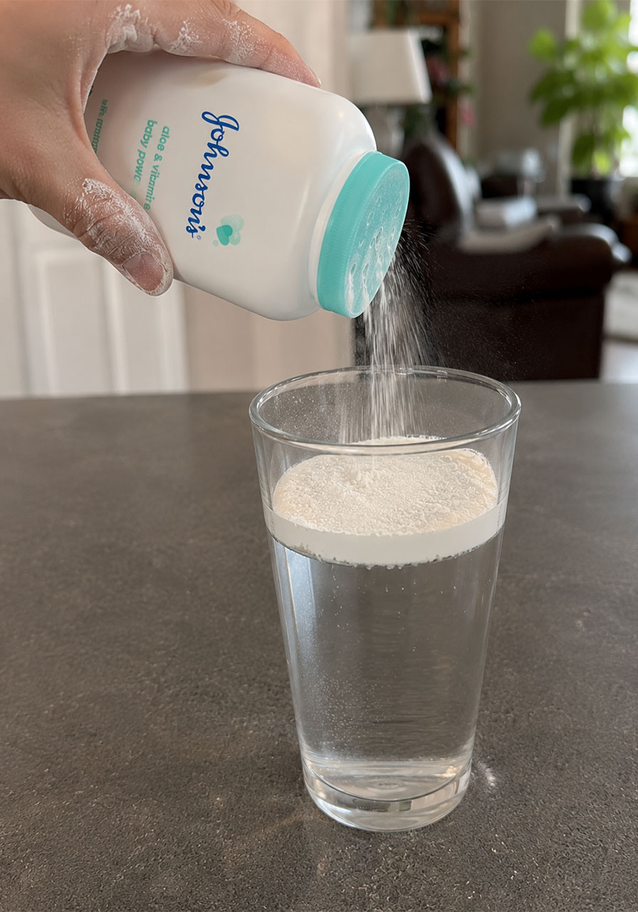 Step two of the Magic Powder Shield experiment: sprinkling a thick layer of baby powder onto the water surface