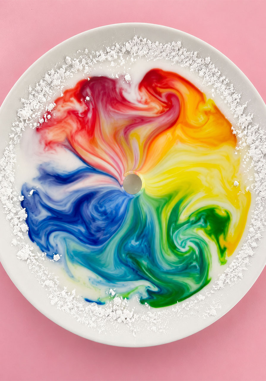 Magical color explosion STEM experiment with milk, food coloring, and dish soap swirling on a plate