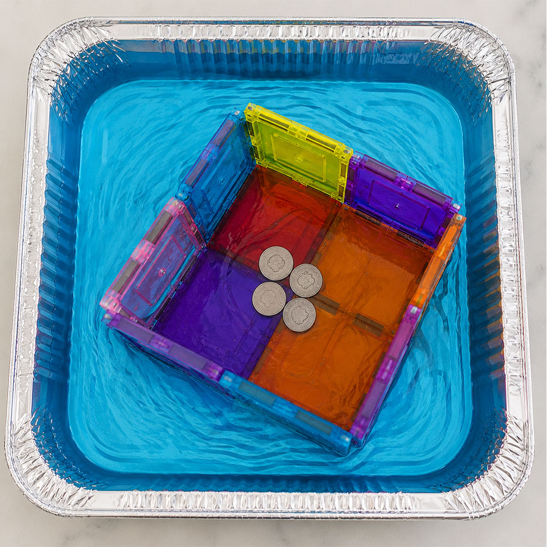 Magnetic tile boat sinking in water during floating boat science experiment