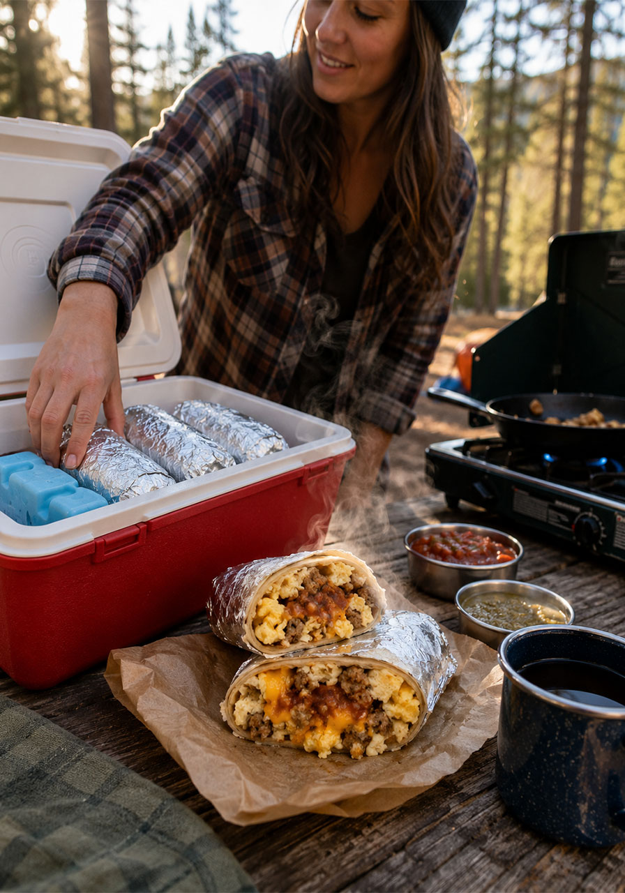 Make-ahead freezer breakfast burritos for camping, sliced open showing eggs and sausage filling