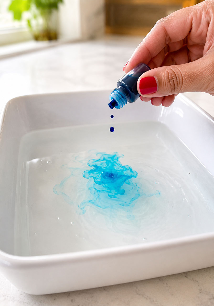 Adding blue food coloring to water to create an ocean for the oil spill STEM experiment