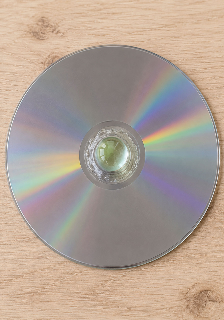 Close-up of a marble glued into the center hole of a CD for a homemade spinning top
