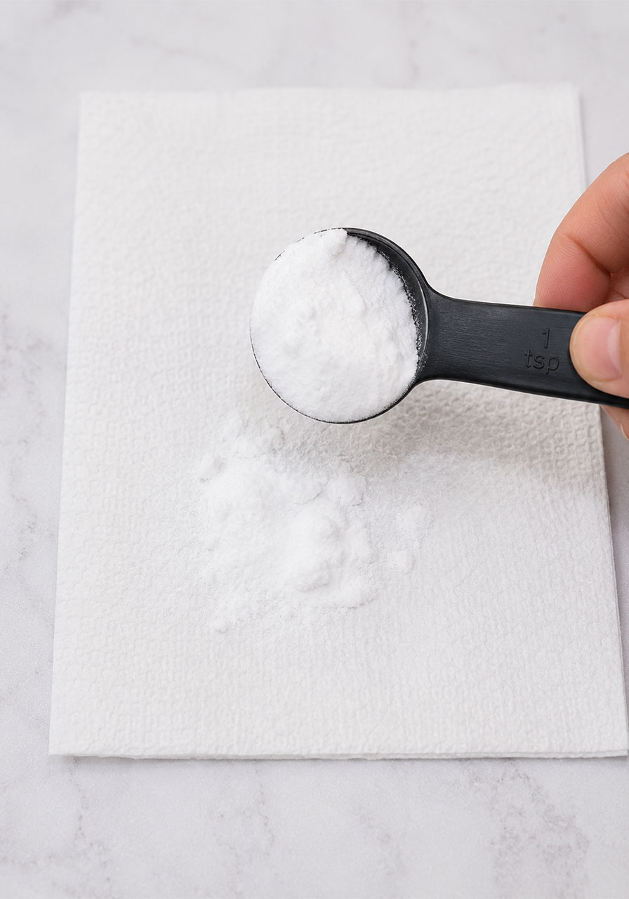 Measuring a spoonful of baking soda for the exploding monster experiment