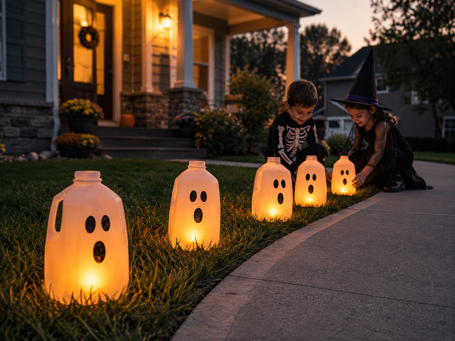 Row of glowing milk jug ghost luminaries lighting a Halloween walkway
