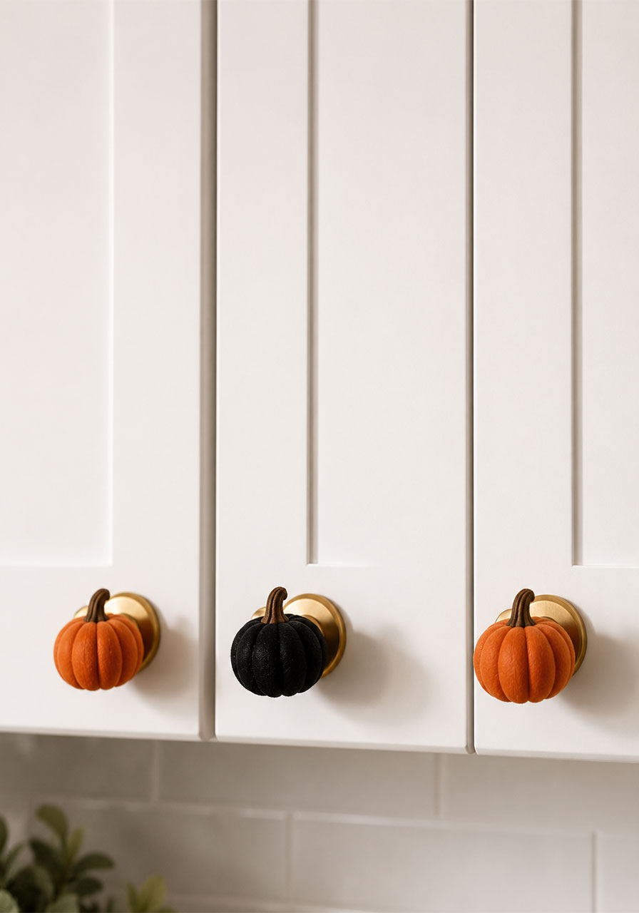 Mini orange and black pumpkins placed on kitchen cabinet knobs as a small Halloween decor detail