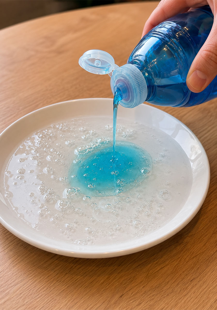 Mixing dish soap and water on a plate for homemade bubble solution